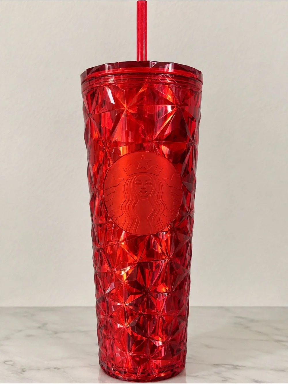 Starbucks Red Faceted Reusable Cold Cup with Straw
